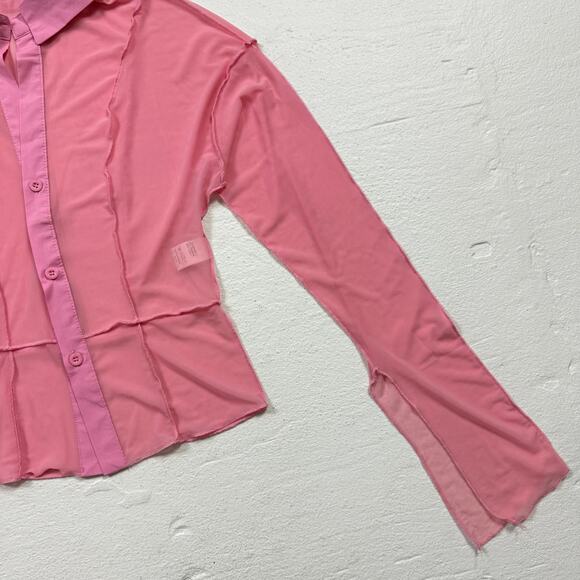 Shein Mesh Patchwork Button Up Pink Long Sleeve Top, Size Small - Picture 3 of 7
